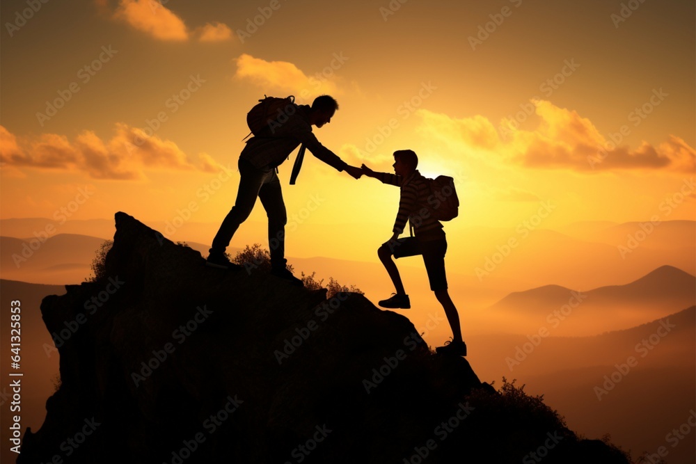 Success captured in silhouettes as one man helps another, teamwork Success captured in silhouettes as one man helps another, teamwork