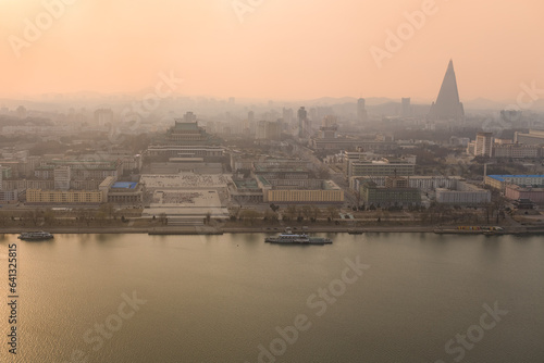 PYONGYANG, NORTH KOREA: general view from the top of Juche Tower, with Taedong river, Kim Il-Sung square, Grand People's Study House and Ryugyong hotel