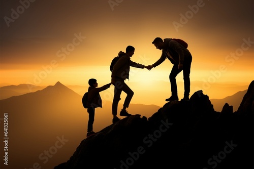 Success captured in silhouettes as one man helps another, teamwork