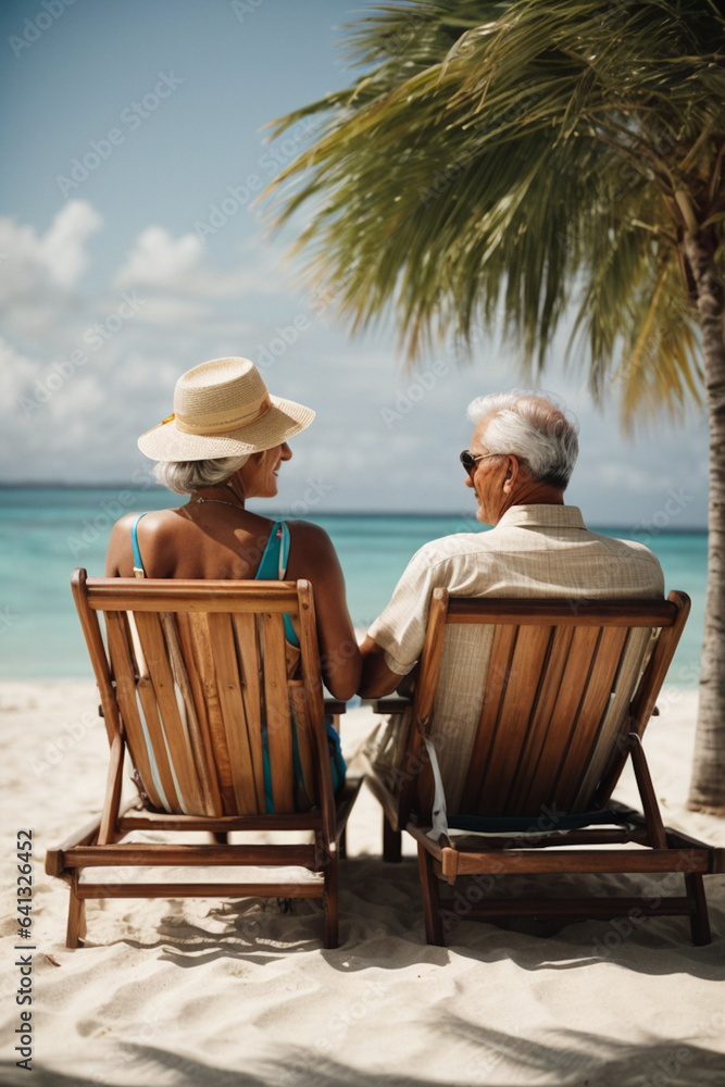 A holiday couple is sitting on the beach
