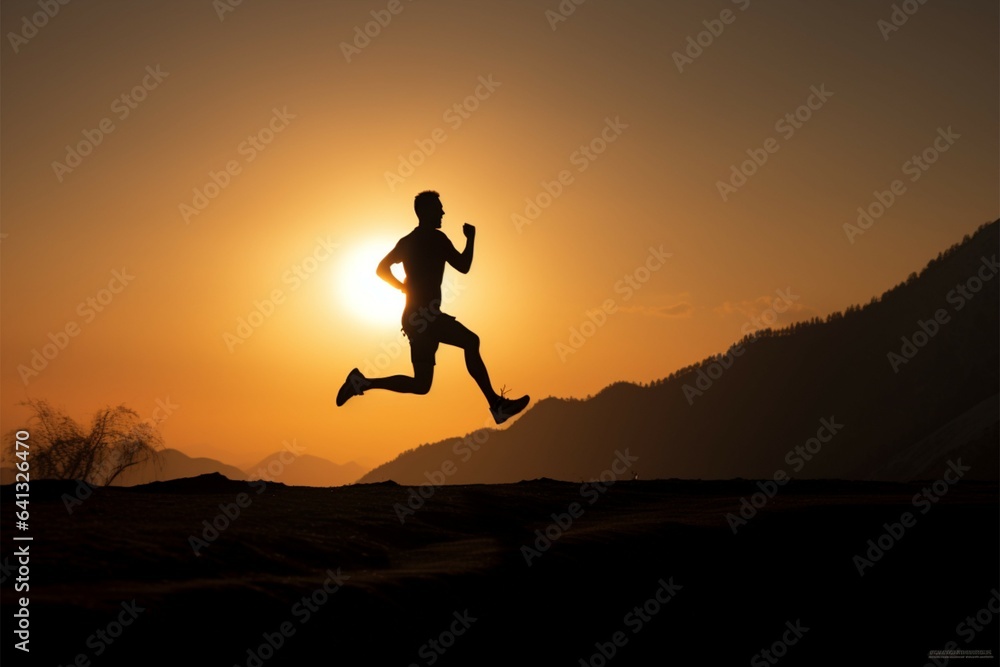 Young man's silhouette running against a mountain sunset, representing an active life