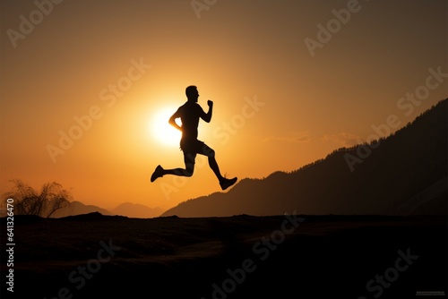 Young man's silhouette running against a mountain sunset, representing an active life