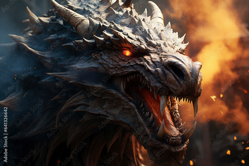 Ferocious fire-breathing dragon close-up, a scary mystical creature Ferocious fire-breathing dragon close-up, a scary mystical creature