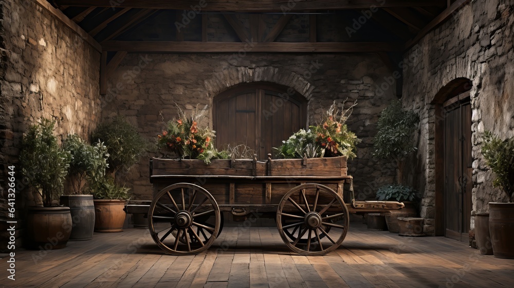 Fototapeta premium Rustic wheeled cart in an old plank room in the countrysi. Generative AI.