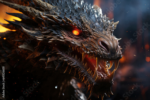 Ferocious fire-breathing dragon close-up, a scary mystical creature