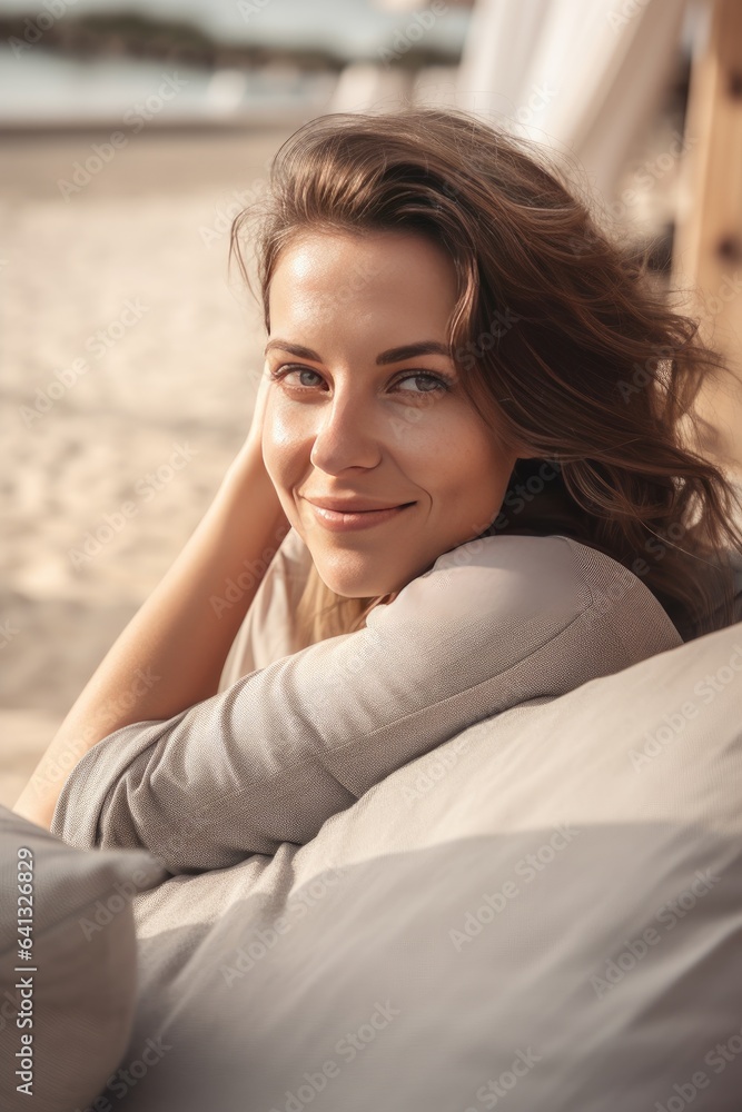 Happy woman lying down relaxing enjoying on sofa at the beach, lifestyle, generative AI Happy woman lying down relaxing enjoying on sofa at the beach, lifestyle, generative AI