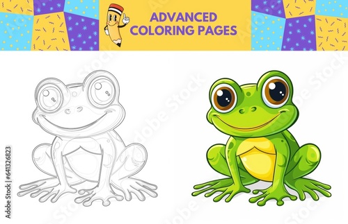Frog coloring page with colored example for kids. Coloring book