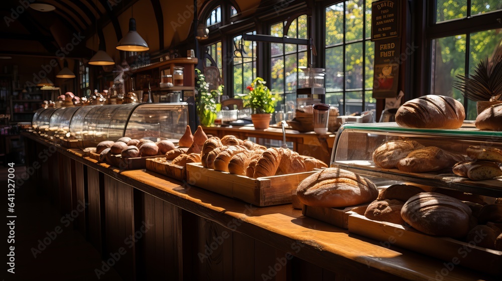 
Rustic outdoor bakery and coffee shop with hot pastries and tables for patrons. Handmade bread Various loaves, baguettes. Rye, buckwheat, bran, gluten-free, wheat buns, sunny day