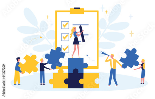 Poll flat illustration. Teamwork on performance. Business concept. Quality check and satisfaction report. People connecting puzzle elements. Symbol of teamwork, partnership, cooperation. 