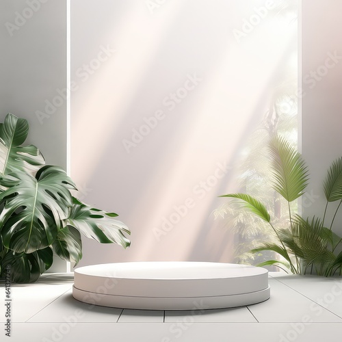 White product display stand background with sunlight and leaves