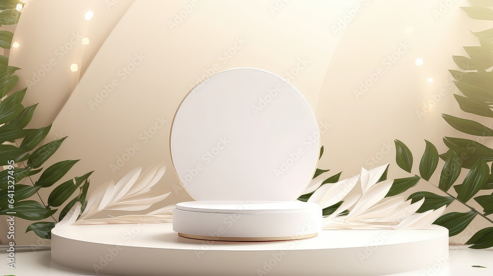 White product display stand background with sunlight and leaves White product display stand background with sunlight and leaves