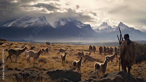 ancestral Onas and Selk'nam tribes inhabiting the Patagonia region, surrounded by lush vegetation and guanacos. capturing traditional life and the rich biodiversity of this landscape. Generative ai