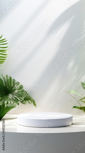 White product display stand background with sunlight and leaves