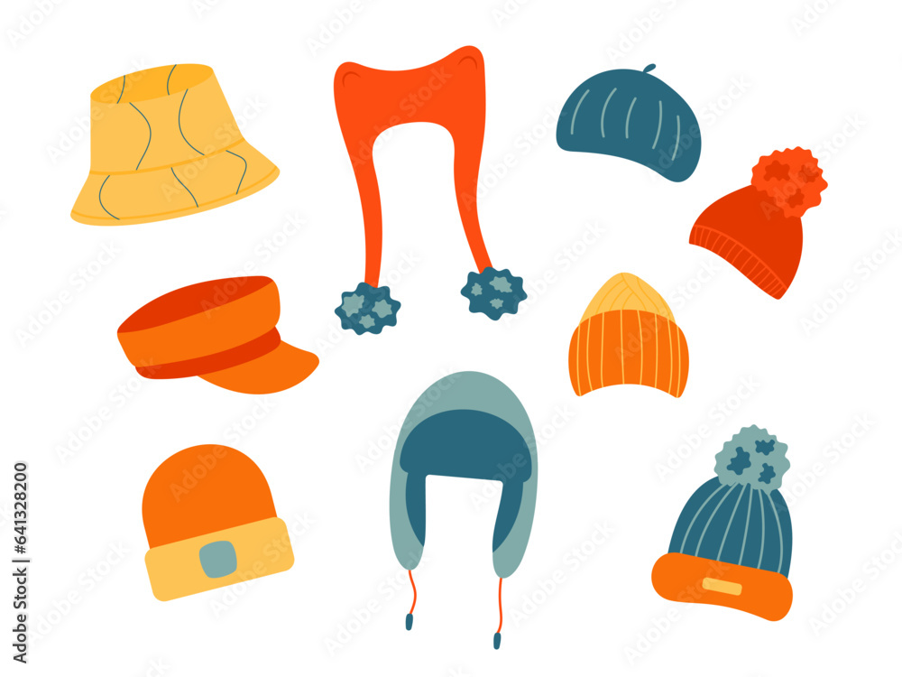 Collection of warm hats. Headwear of various style. Vector illustration on white background. 