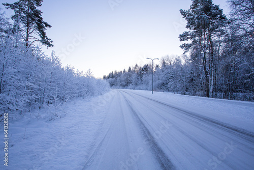 Winter evening forest with road covered with snow