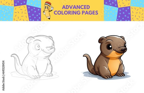 Platypus coloring page with colored example for kids. Coloring book photo