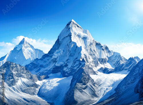 Mount Everest peak, snowcapped mountain with blue sky, snowy ridge covered with snow.