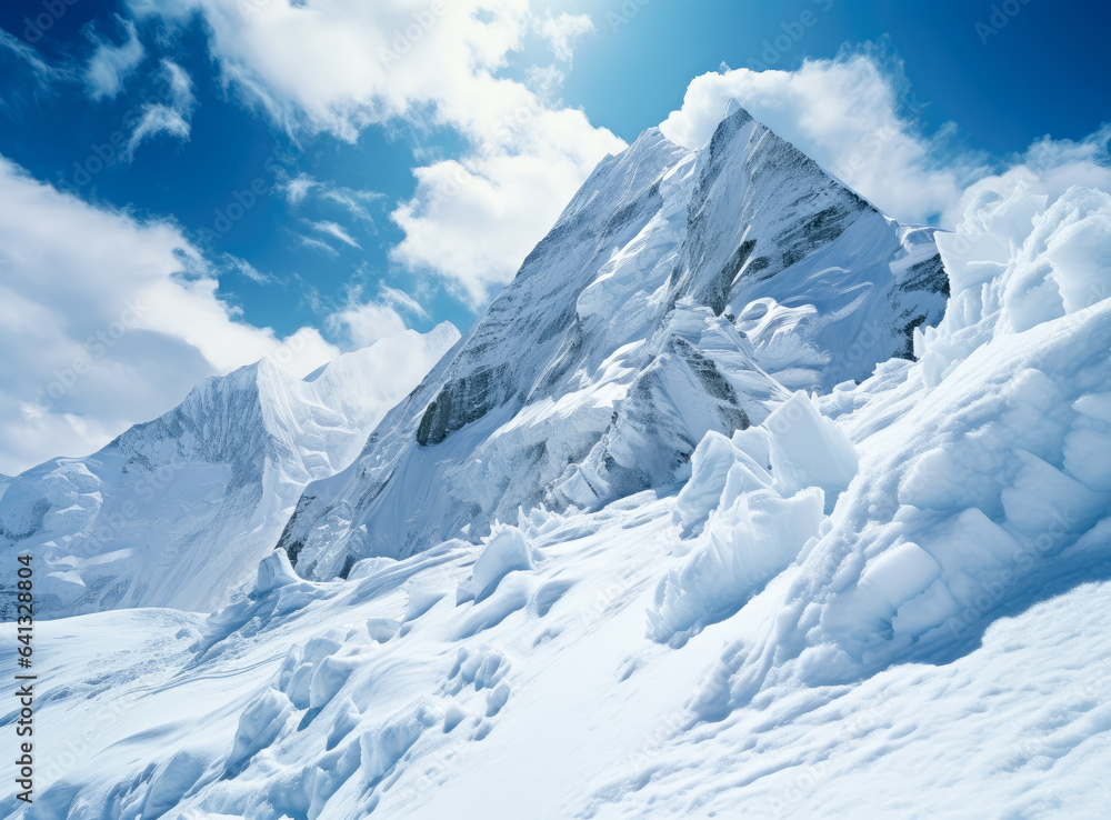 Mount Everest peak, snowcapped mountain with blue sky, snowy ridge covered with snow.