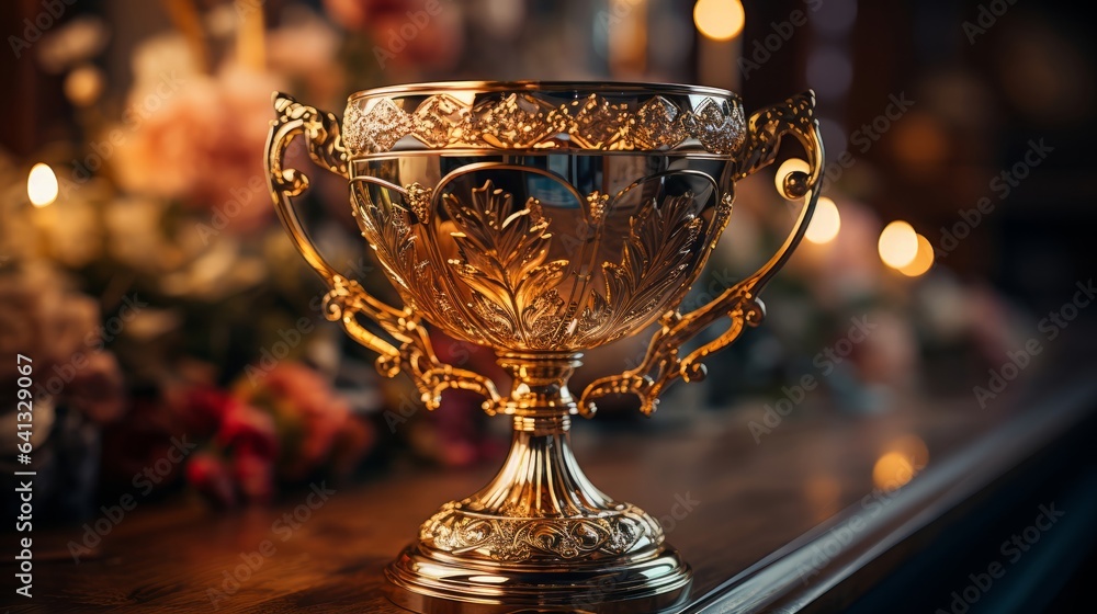 Shiny gold trophy on ornate table symbolizes achievement. Generative AI. Shiny gold trophy on ornate table symbolizes achievement. Generative AI.
