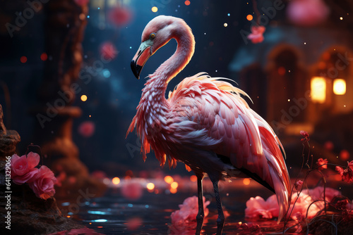 Surreal pink flamingo in a night blooming garden with flowers