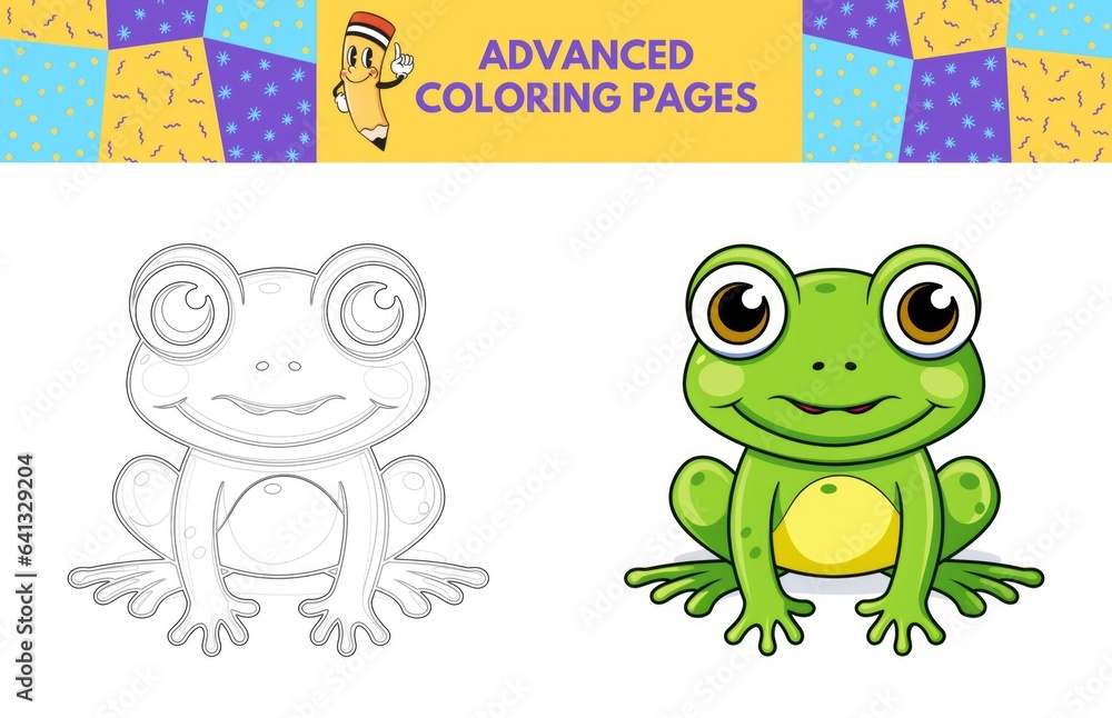 Fototapeta premium Frog coloring page with colored example for kids. Coloring book