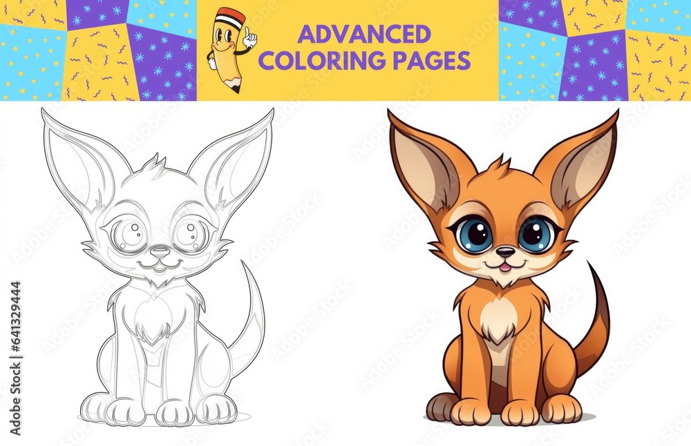 Caracal coloring page with colored example for kids. Coloring book
