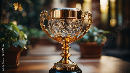 Shiny gold trophy on ornate table symbolizes achievement. Generative AI.