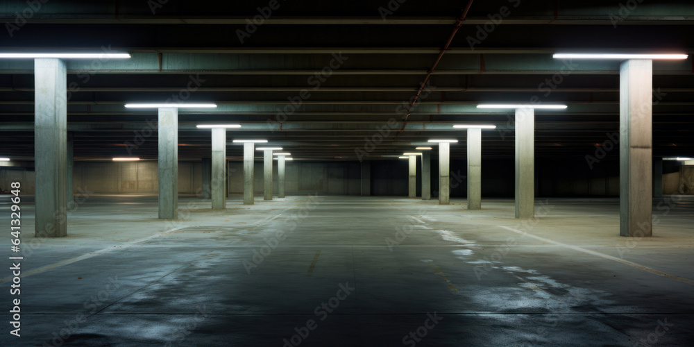 Empty parking garage, concrete floors and pillars stretch out in all directions