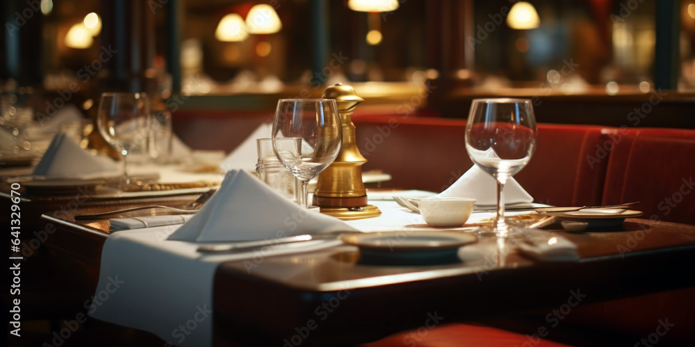 Empty restaurant, tables are set with clean silverware and folded napkins