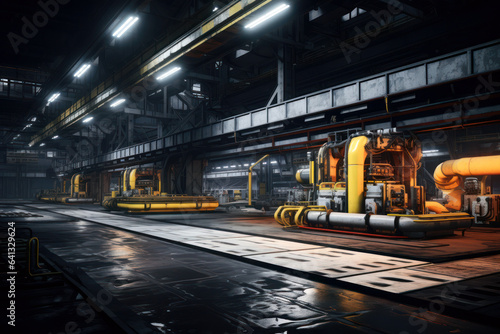 Empty factory, Idle machinery and conveyor belts stand still in a vast