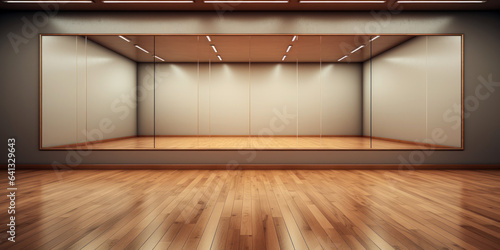 Empty dance studio, wall mirrors reflect the polished wooden floor, barres