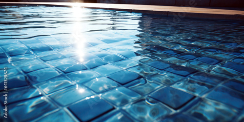Empty swimming pool, the blue tiles glisten in the sunlight © AstralAngel