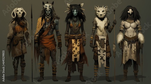 a set of traditional costumes from various ancient cultures and tribes. featuring animal skins, feathers, and combat elements, offering a visually striking and rich glimpse into history. Generative ai