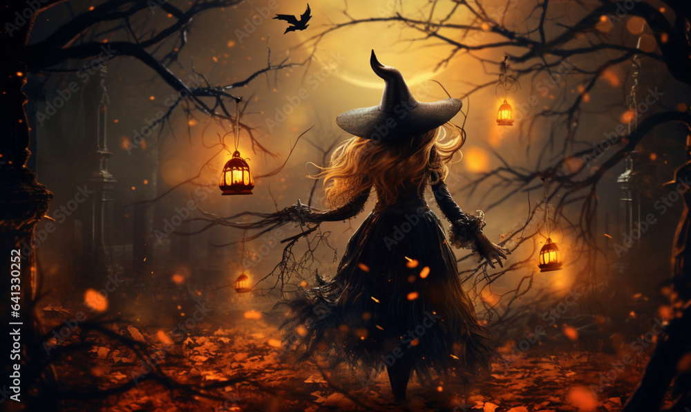 A beautiful mysterious witch walking in a fairy night forest A beautiful mysterious witch walking in a fairy night forest