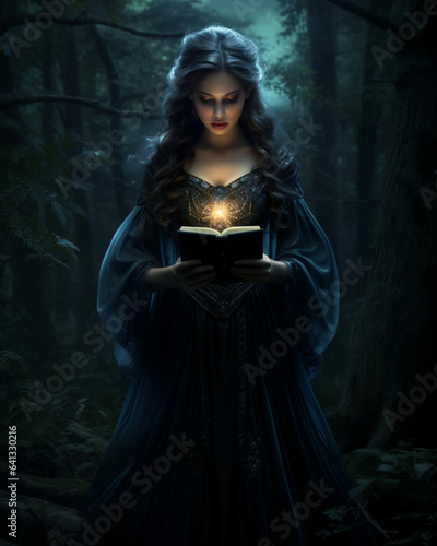 A beautiful mysterious witch holding a magic book in a fairy night forest