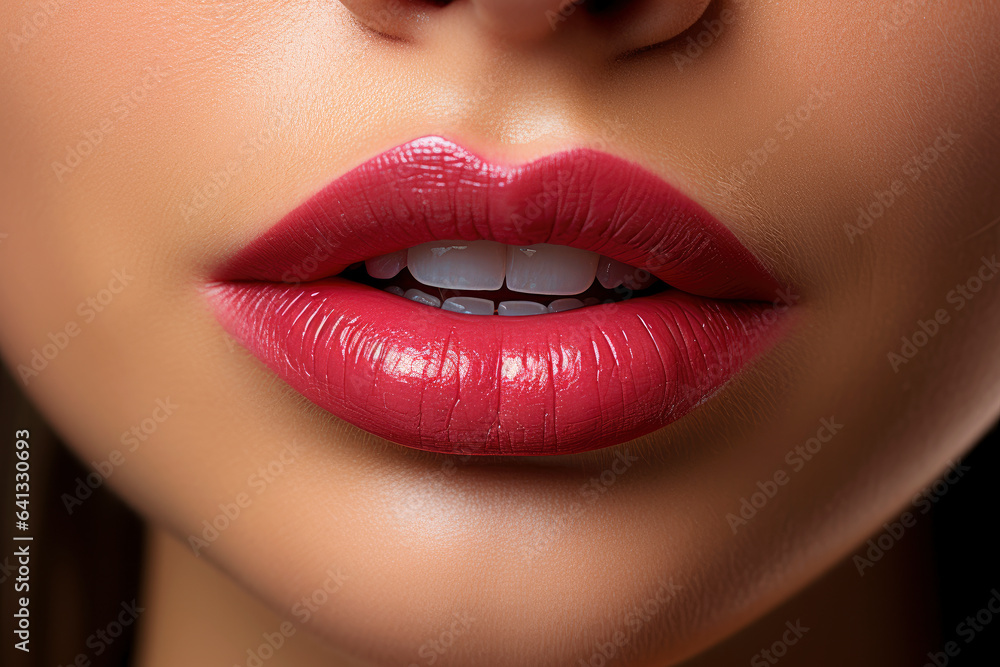 Fototapeta premium Shiny sexy lips with red glossy lipstick close-up