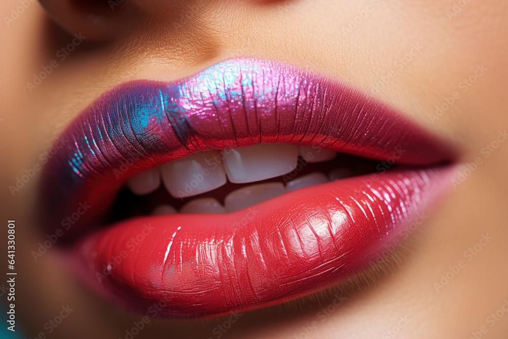 Shiny sexy lips with red glossy lipstick close-up Shiny sexy lips with red glossy lipstick close-up