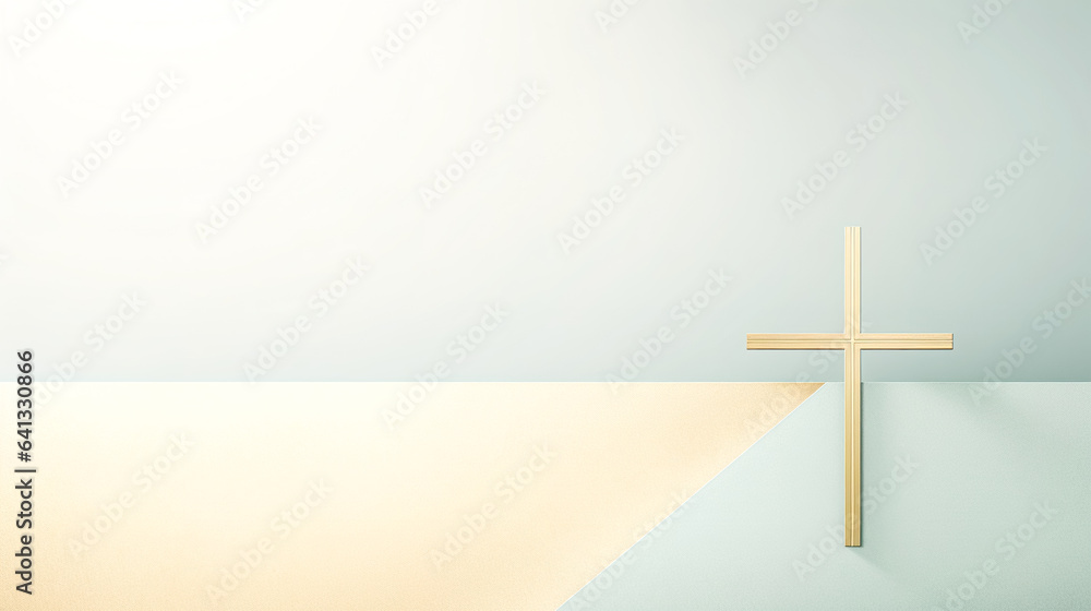 Light pastel background with a golden cross, generative AI.