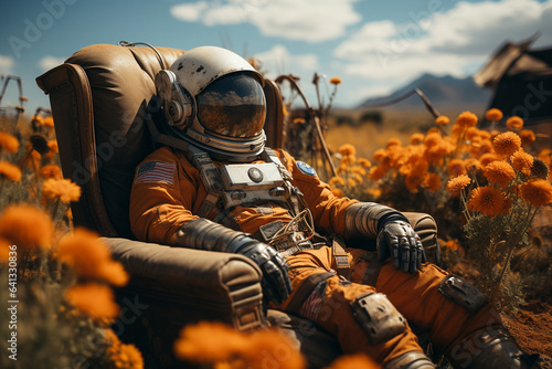 an astronaut in a spacesuit is sitting in a chair in a field with flowers photo
