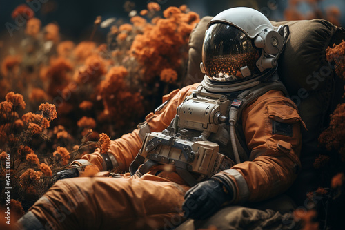an astronaut in a spacesuit is sitting in a chair in a field with flowers photo