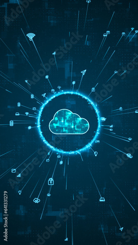 Blue digital cloud computing logo and ring rotation around logo with ai icon spread and line linked on abstract background with storage big data backup