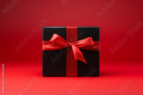 black gift box, red background