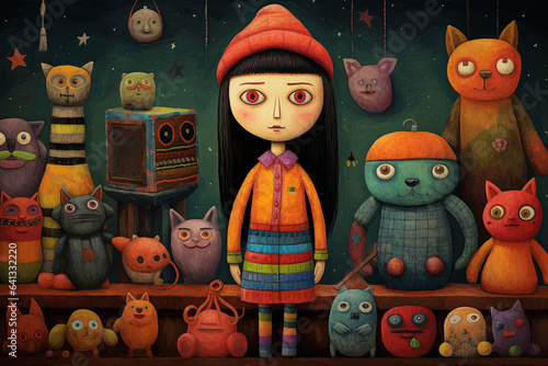 girl and toys, naive art style