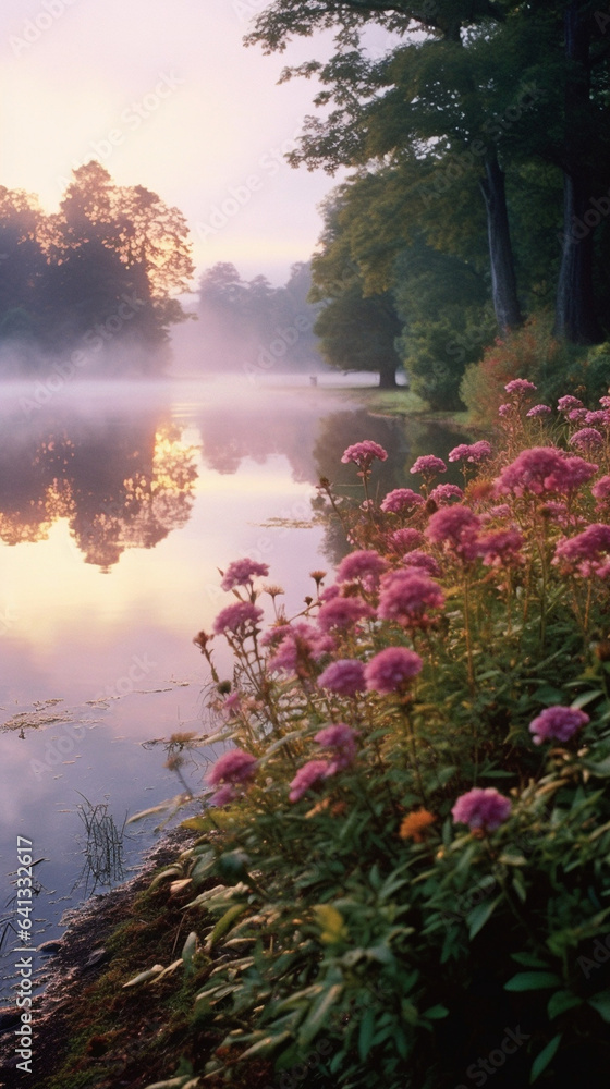 beautiful sunrise, wildflowers and pond beautiful sunrise, wildflowers and pond
