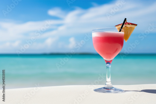 a pink cocktail on a beach with a blue sky