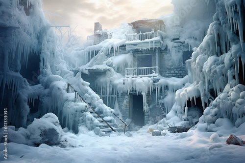 climate catastrophe, cold winter, the house froze and covered with ice