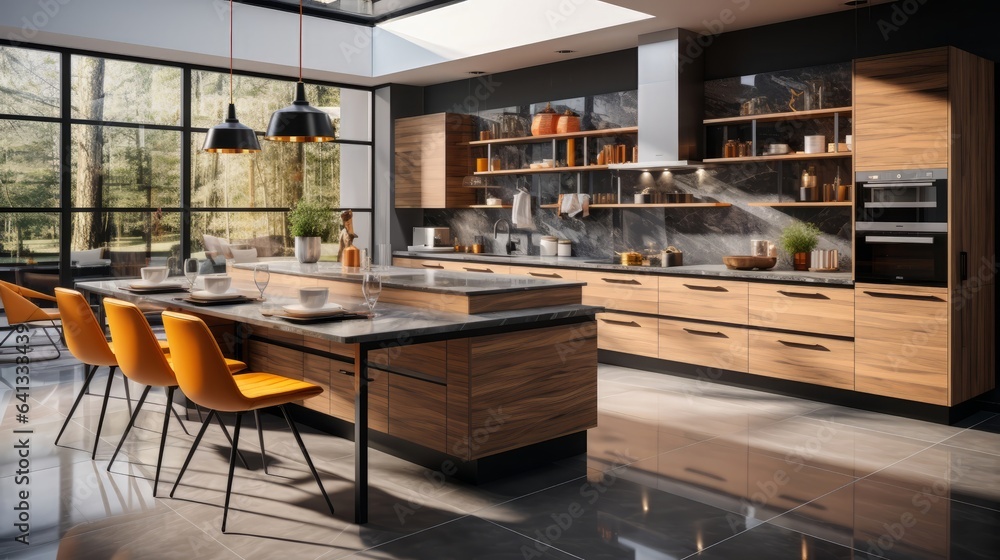 Stylish interior of modern kitchen. Generative AI.