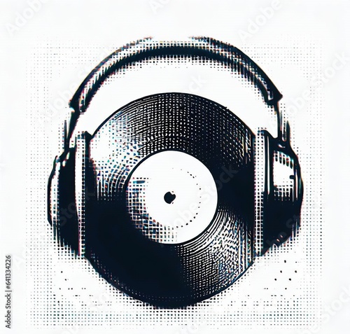 Retro halftone abstract vinyl record  headphone. photo