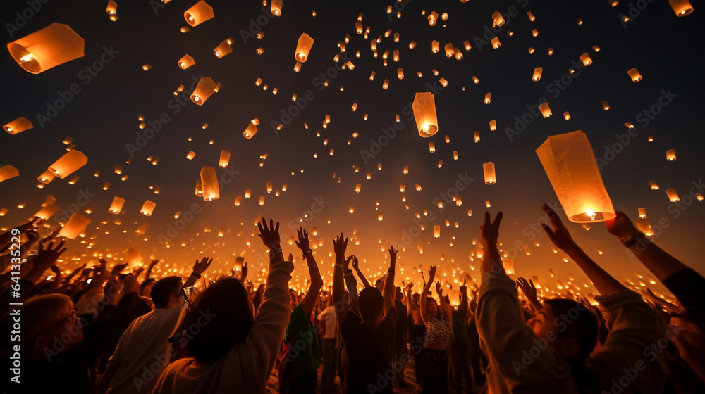 Sky lanterns or Chinese lantern, people let go in the air