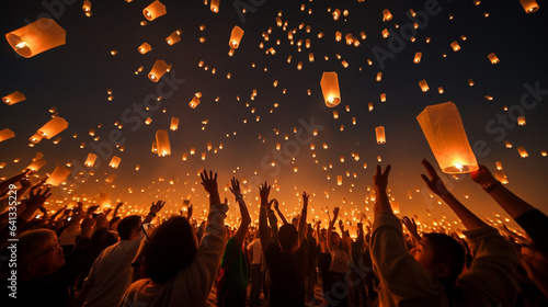 Sky lanterns or Chinese lantern, people let go in the air © Anastasiia Trembach